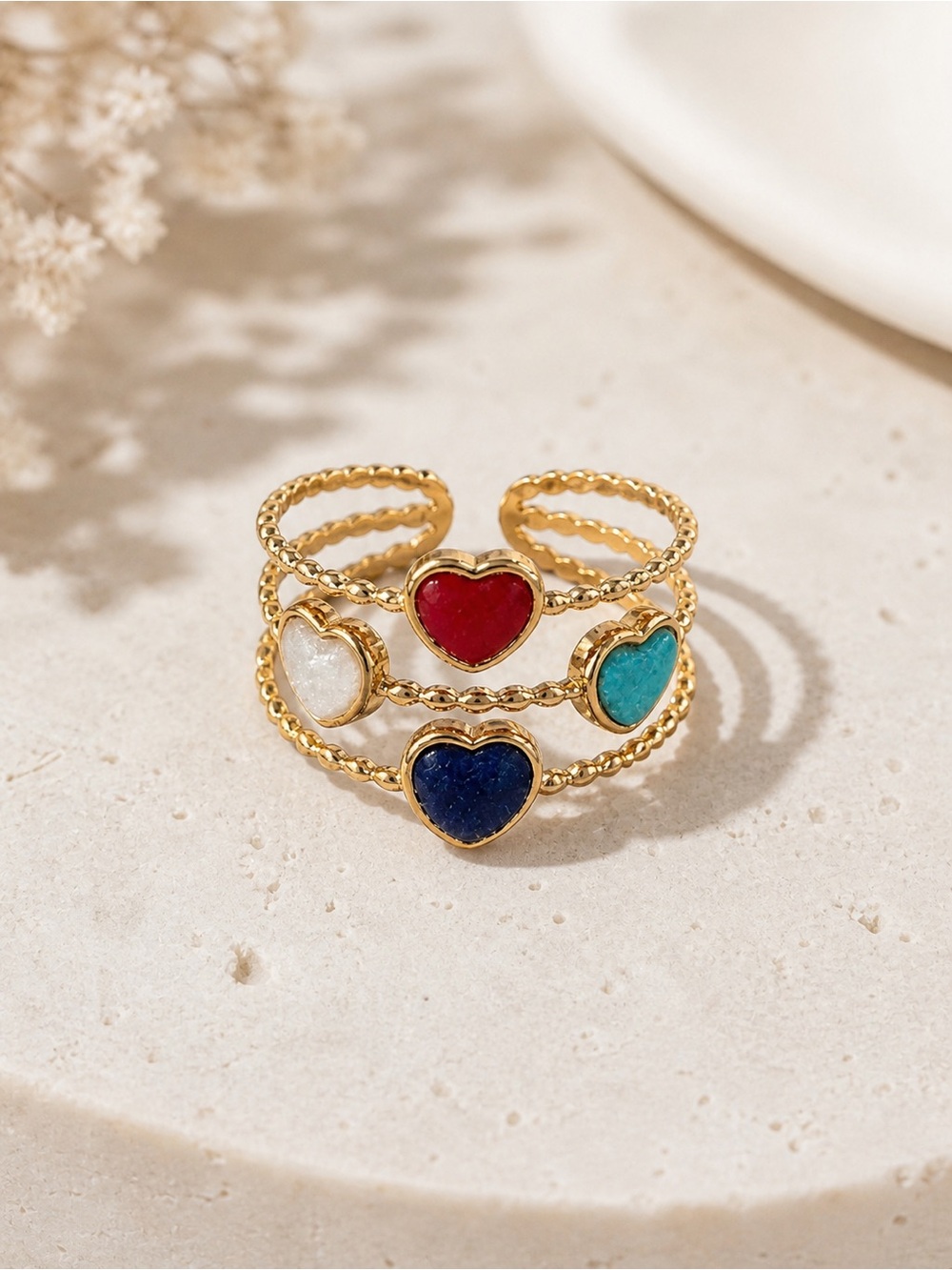 Gold Multicolor Heart Enamel Ring Adjustable 18K Gold Plated Stainless Steel NWT